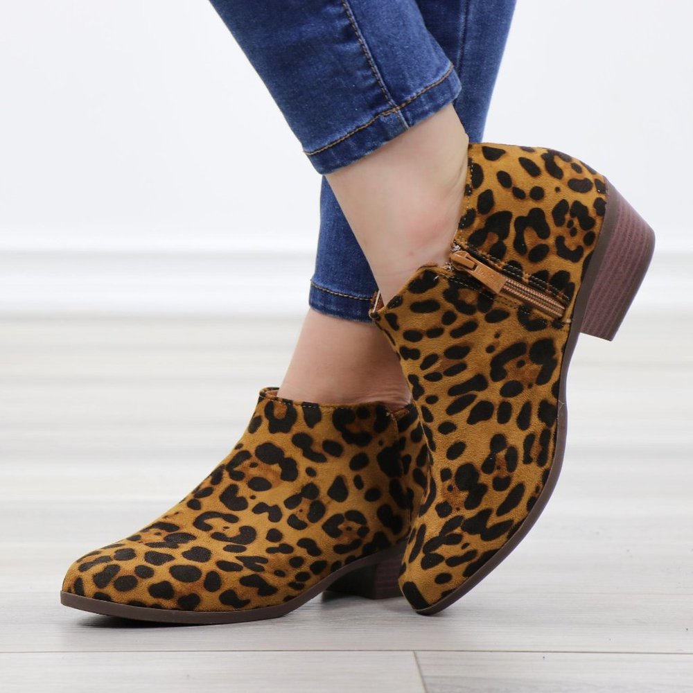 Faux Sude Leopard Low Heel Ankle Boots - Picture 7 of 13